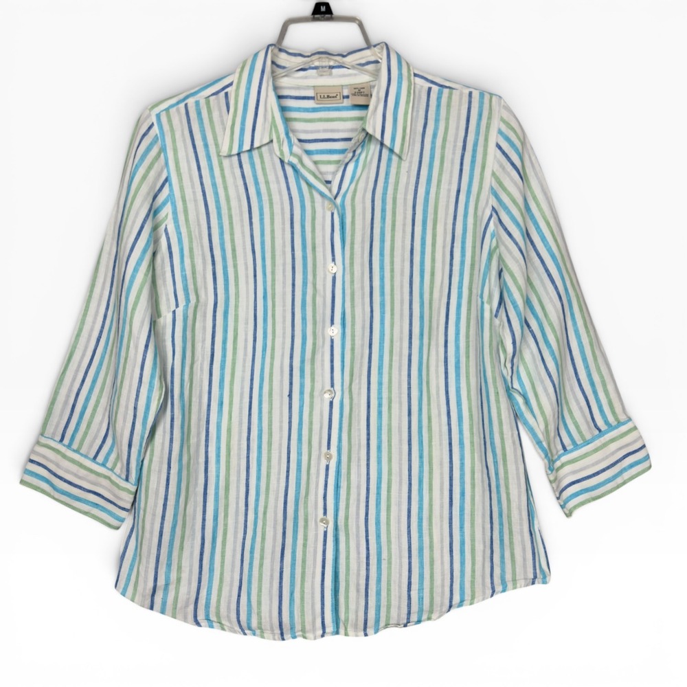 L.L. Bean Linen Button Up Shirt Womens Medium Blue Green Striped 3/4 Sleeve
